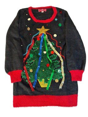33 Degrees Christmas Sweater Tunic Shiny Trees Ribbons Soft Knit Cozy M Ugly
